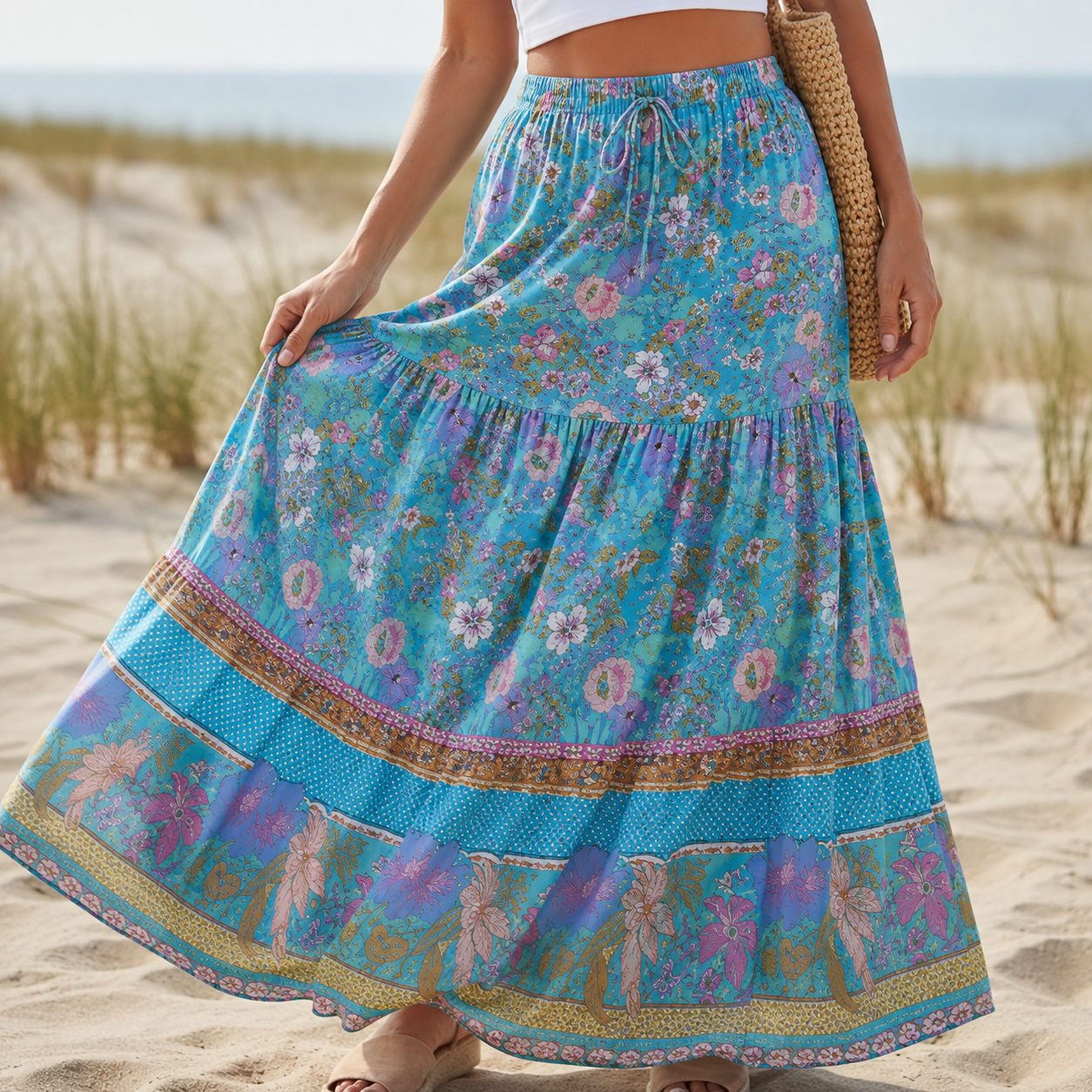 Women's cotton maxi skirt with ruffled hem and drawstring — vacation