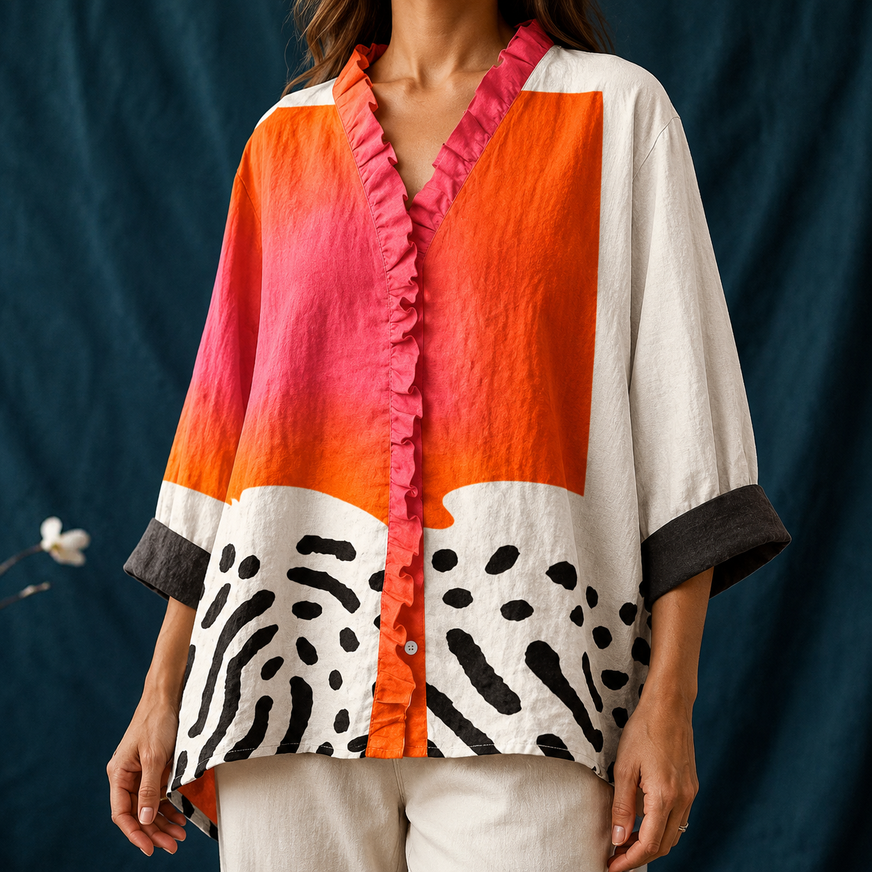 Women's casual blouse — button-up collar with abstract block pattern