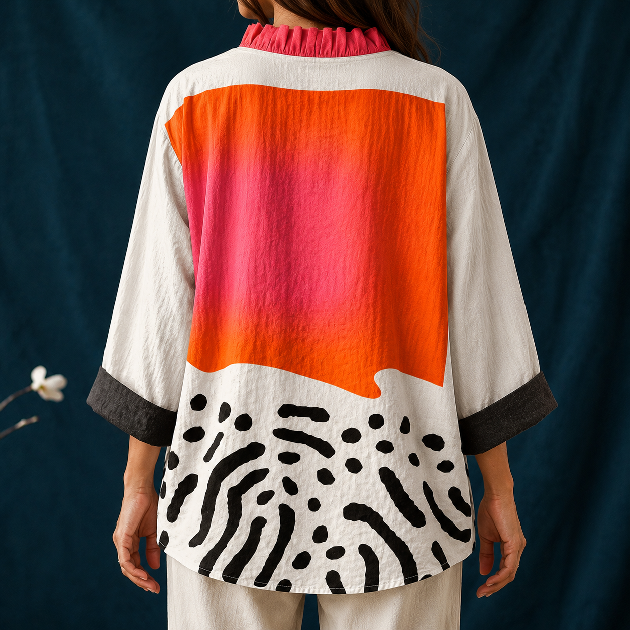 Women's casual blouse — button-up collar with abstract block pattern