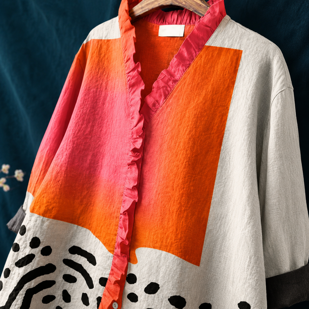 Women's casual blouse — button-up collar with abstract block pattern