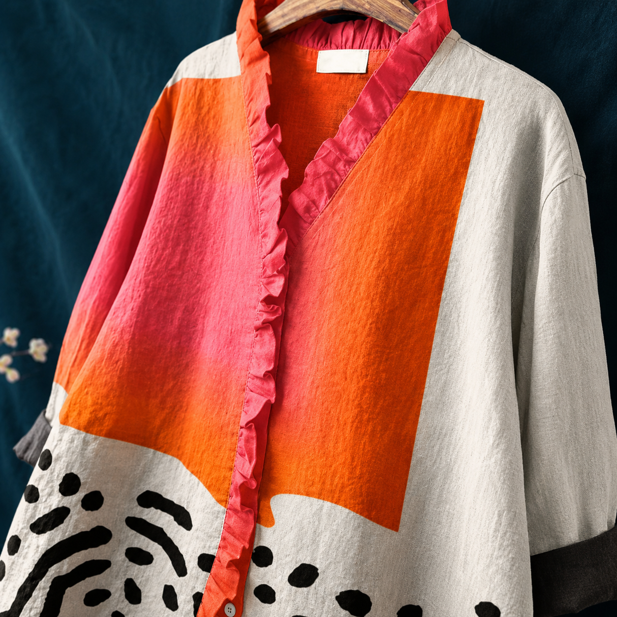 Women's casual blouse — button-up collar with abstract block pattern