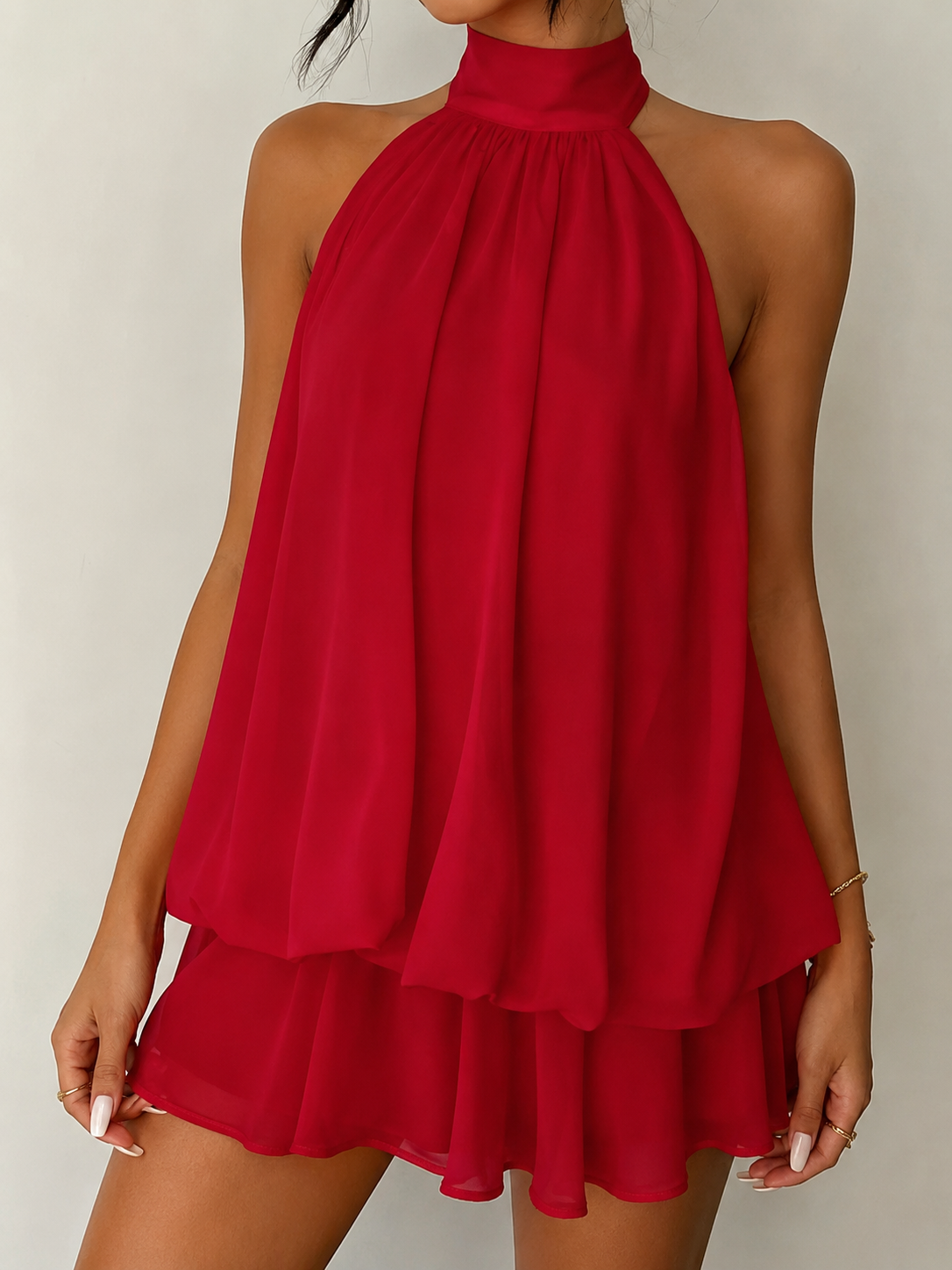 Sleeveless Chiffon Halter Mini Dress with Layered Ruffle Hem and Open Back