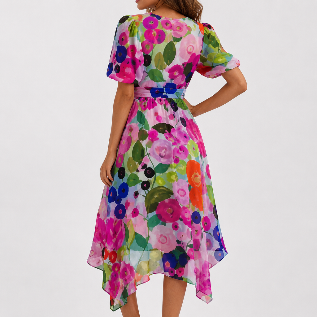 Women’s floral chiffon dress — plunging v neck flutter sleeve midi gown