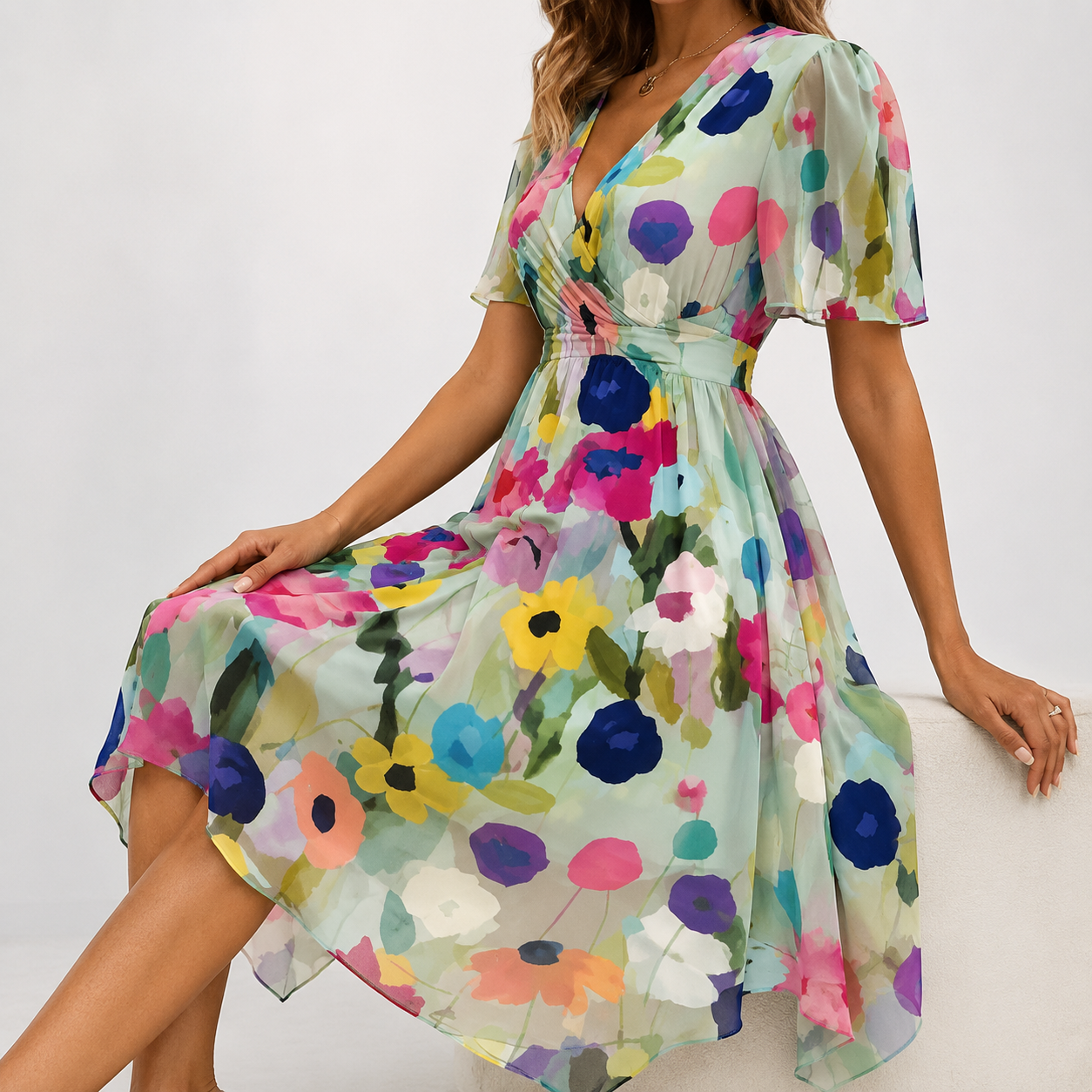 Women’s floral chiffon dress — plunging v neck flutter sleeve midi gown