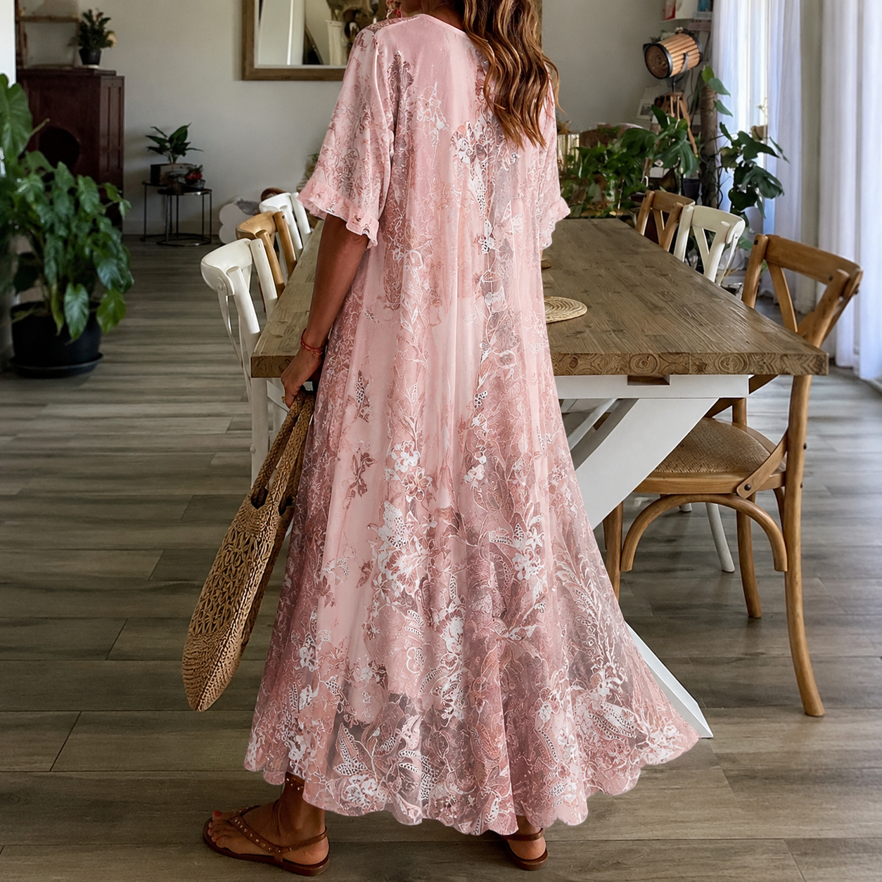 Floral print gown - split neck half sleeves summer garden parties