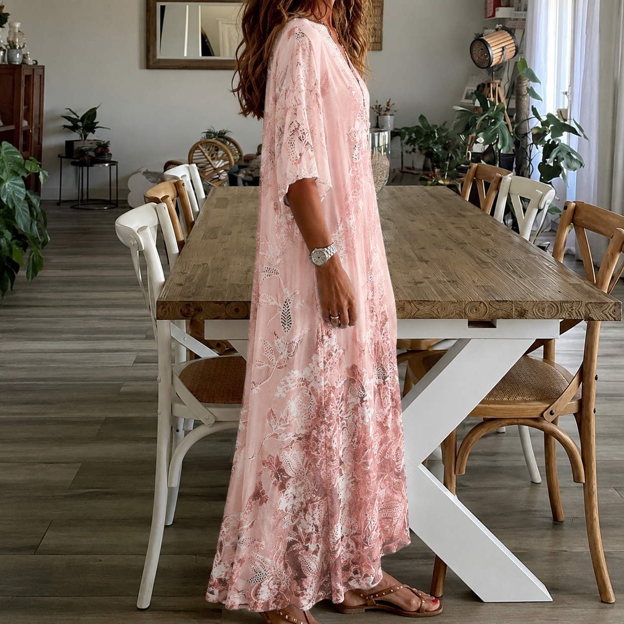 Floral print gown - split neck half sleeves summer garden parties