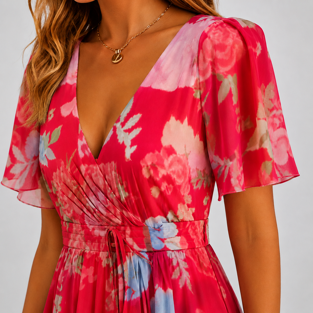 Women’s floral chiffon dress — plunging v neck flutter sleeve midi gown