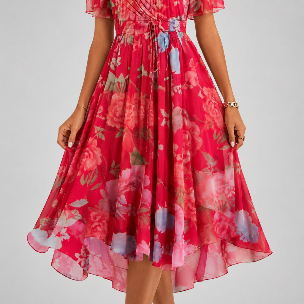 Women’s floral chiffon dress — plunging v neck flutter sleeve midi gown