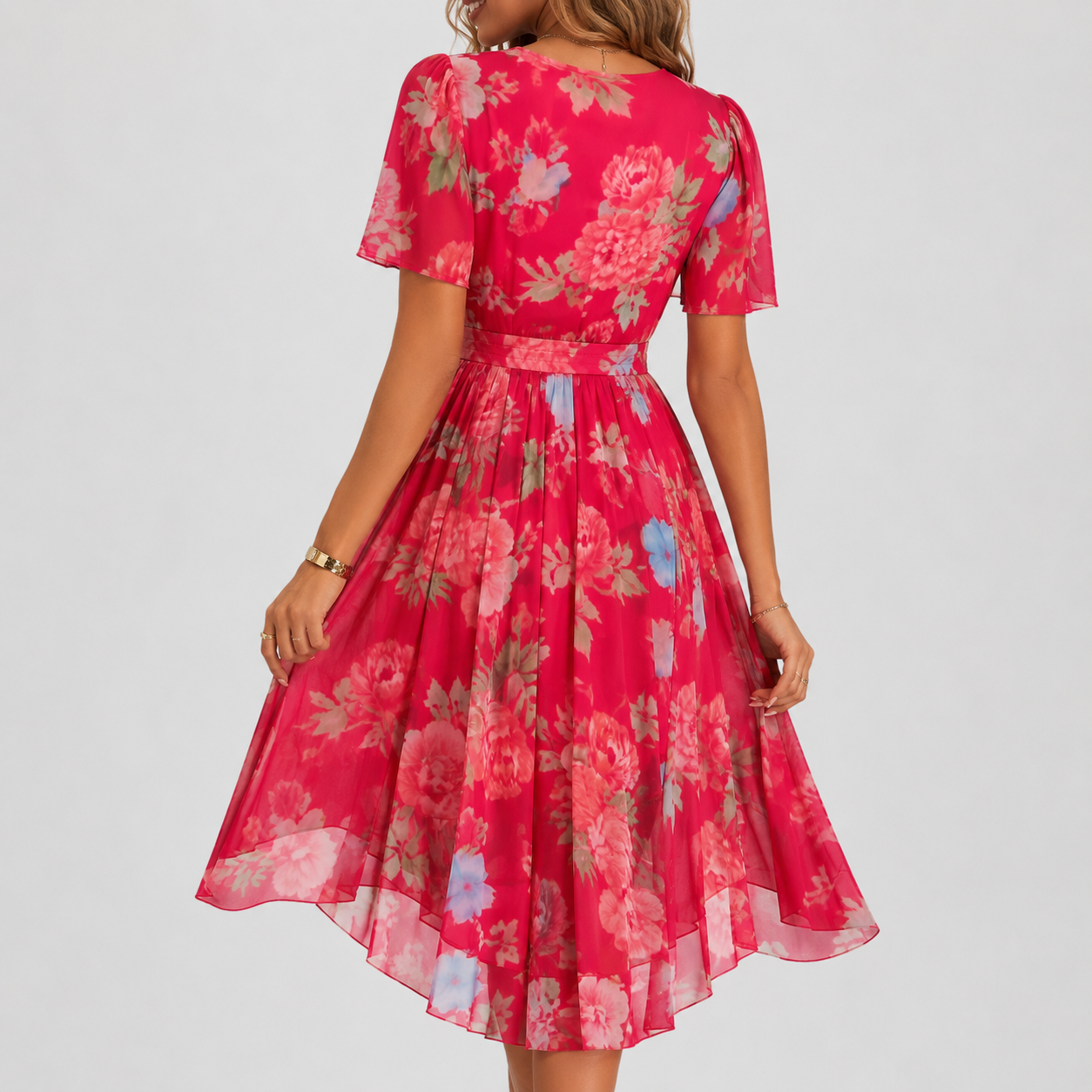 Women’s floral chiffon dress — plunging v neck flutter sleeve midi gown