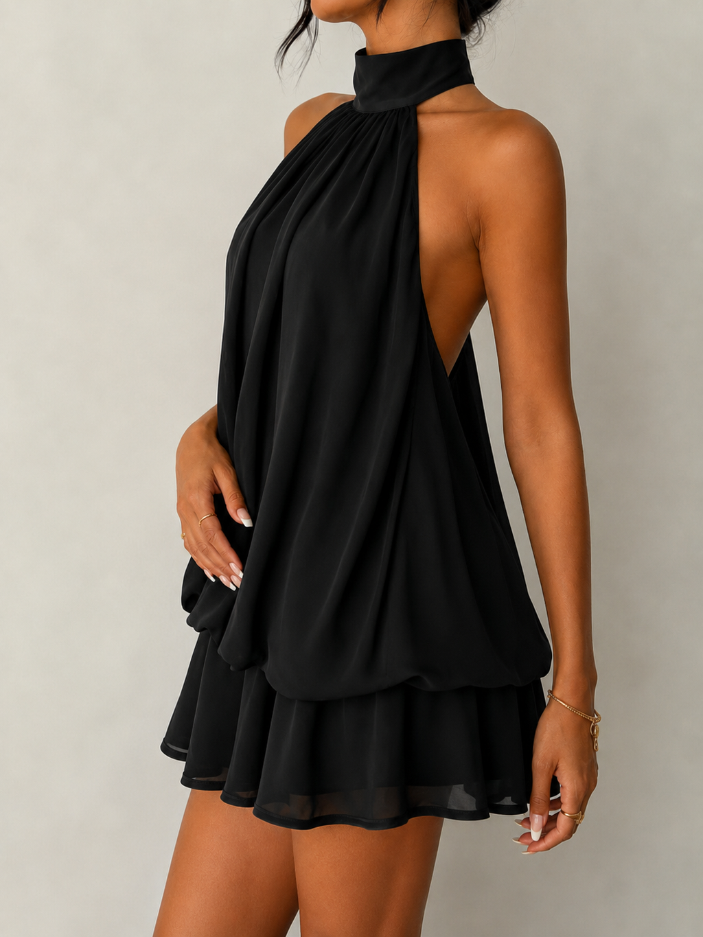 Sleeveless Chiffon Halter Mini Dress with Layered Ruffle Hem and Open Back