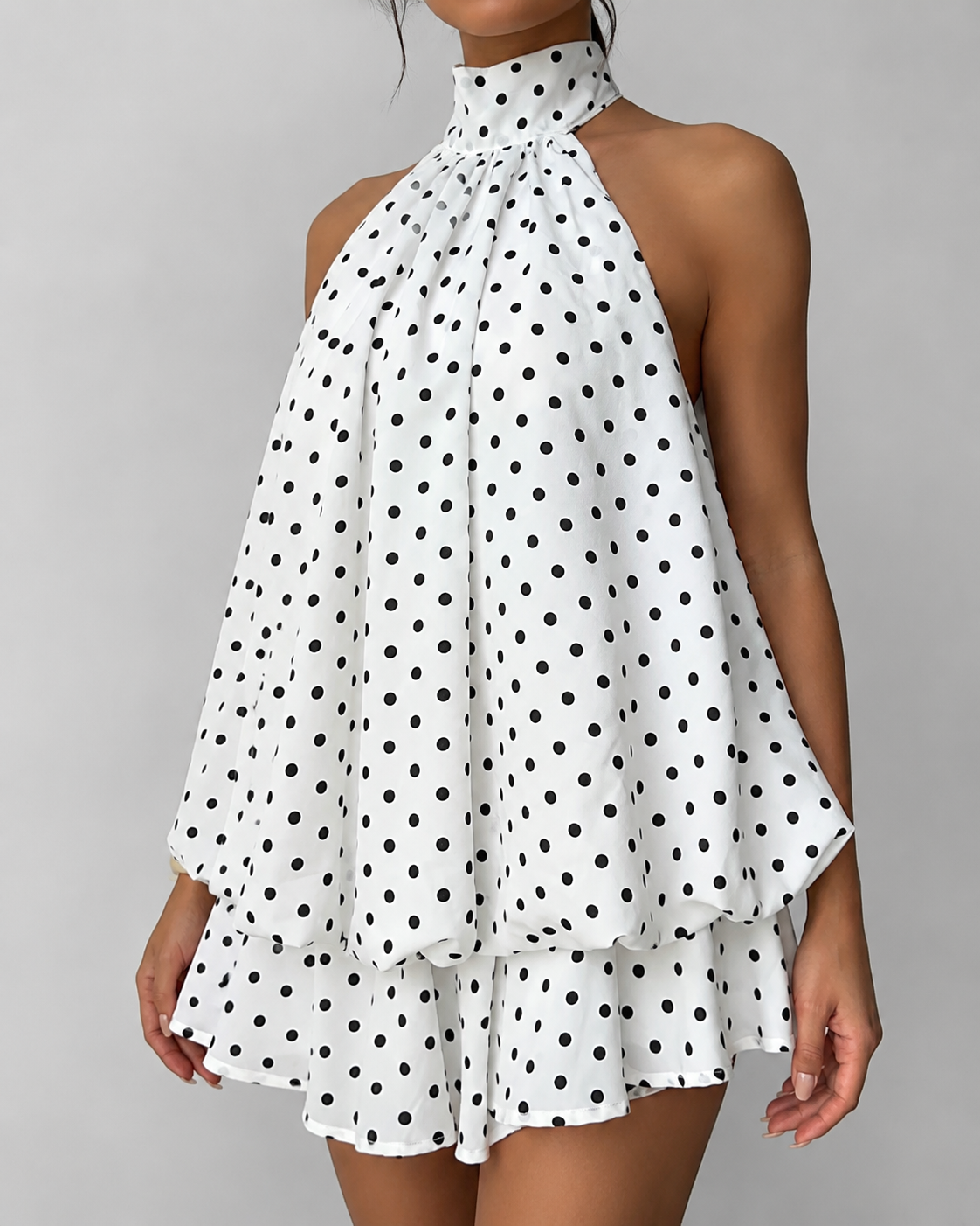 Sleeveless Chiffon Halter Mini Dress with Layered Ruffle Hem and Open Back
