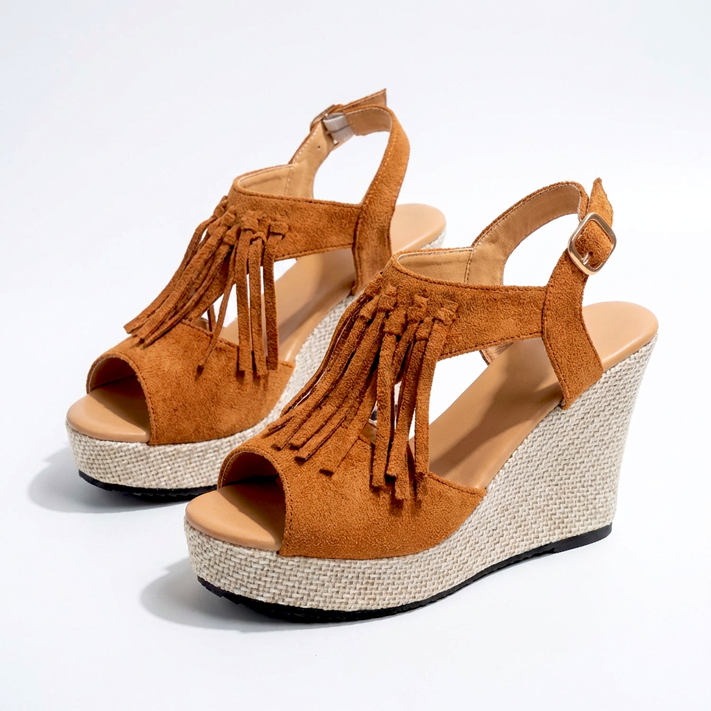 Women's Strappy Wedge Sandals Open Toe Fringe Boho Platform Cushioned Walking Shoes