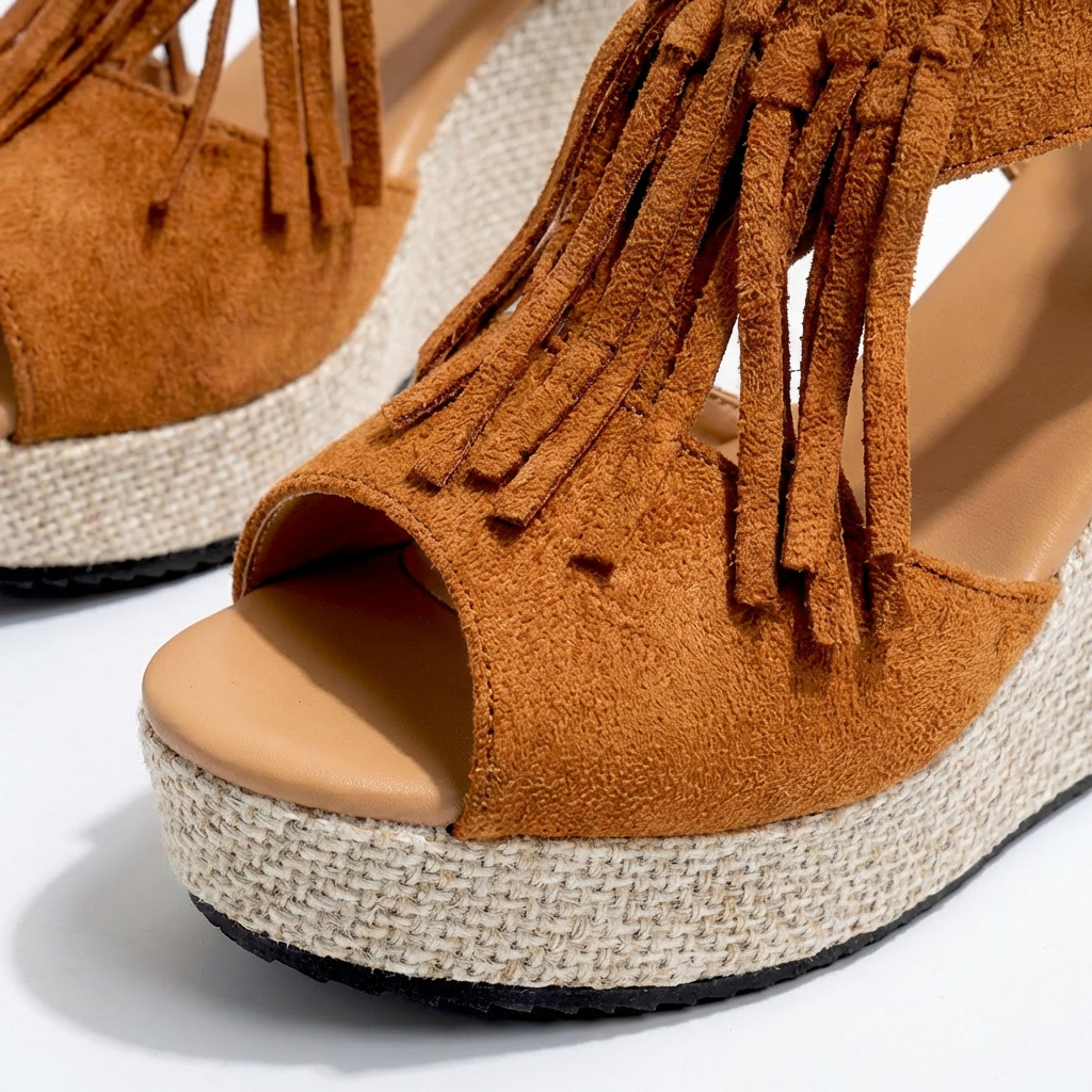 Women's Strappy Wedge Sandals Open Toe Fringe Boho Platform Cushioned Walking Shoes
