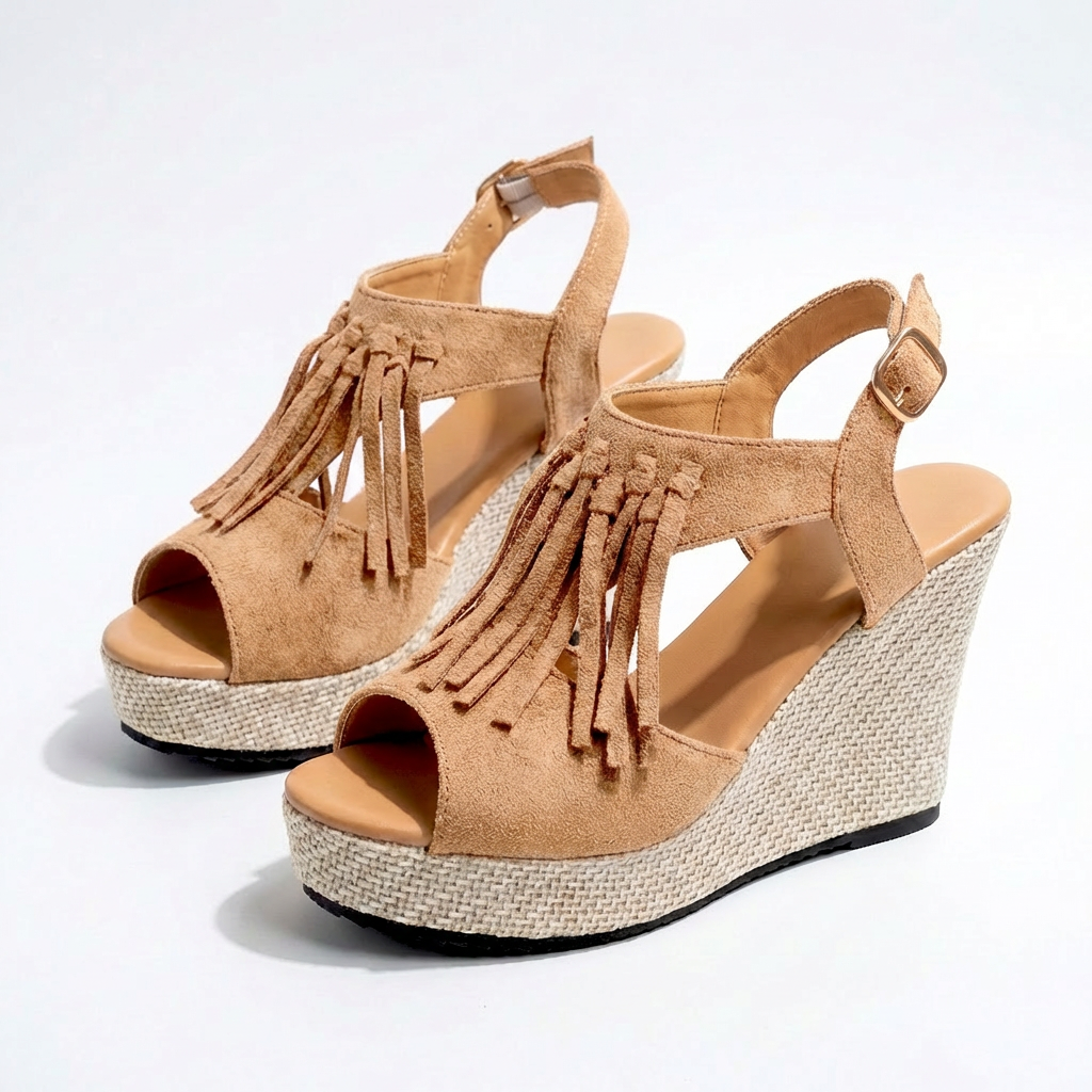 Women's Strappy Wedge Sandals Open Toe Fringe Boho Platform Cushioned Walking Shoes