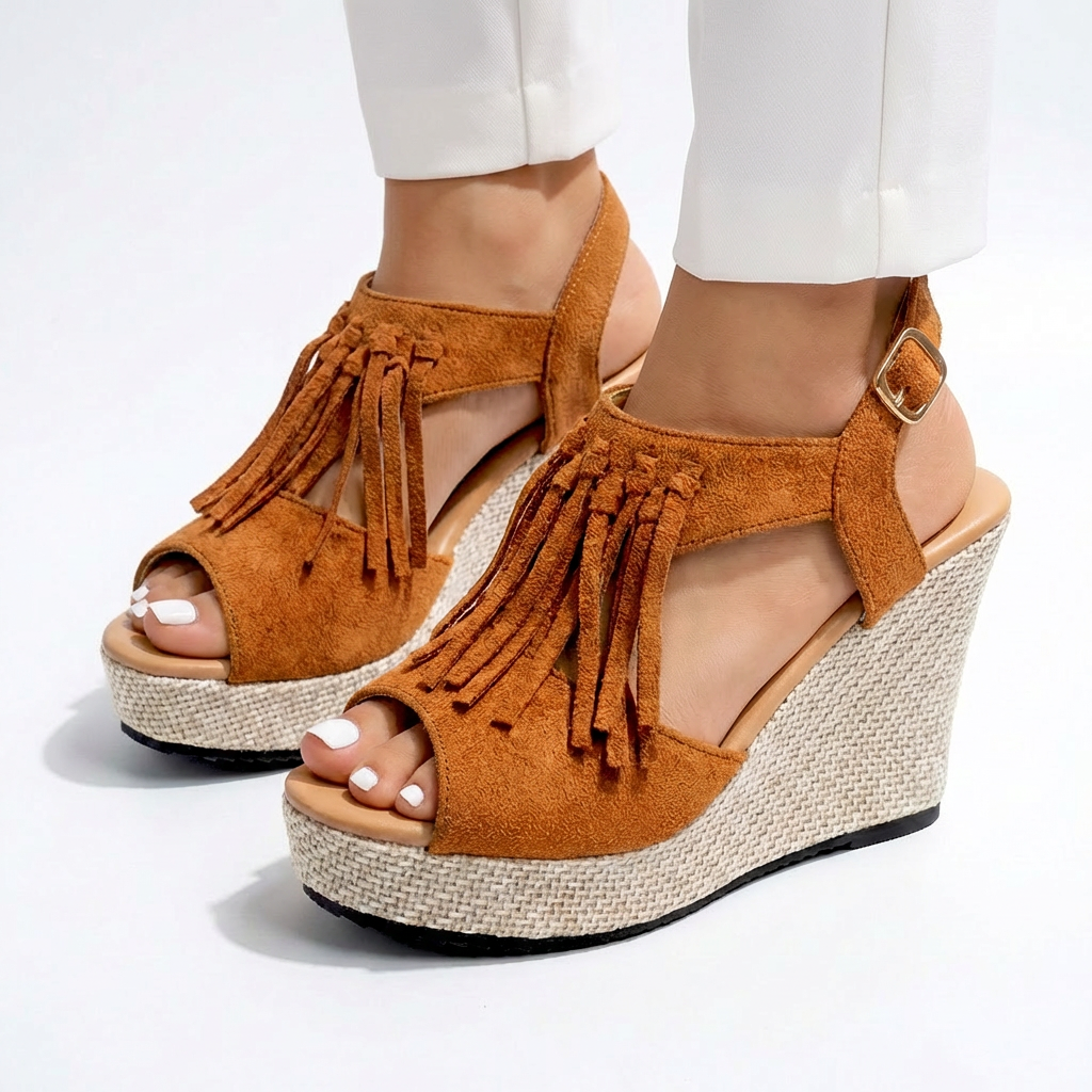 Women's Strappy Wedge Sandals Open Toe Fringe Boho Platform Cushioned Walking Shoes