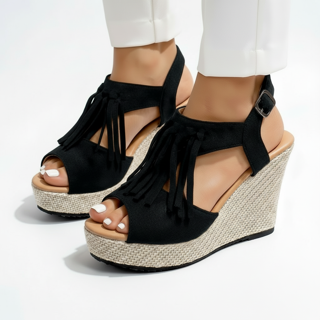 Women's Strappy Wedge Sandals Open Toe Fringe Boho Platform Cushioned Walking Shoes