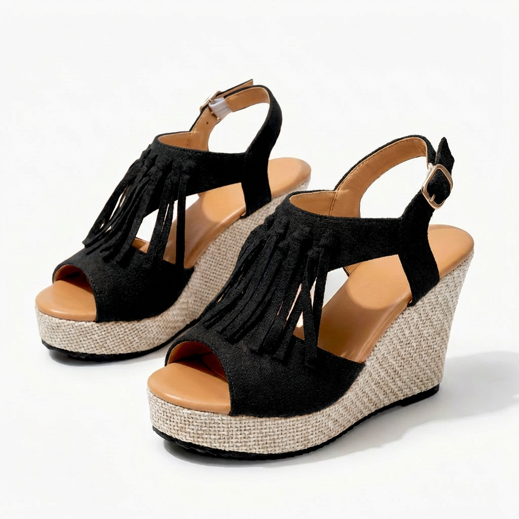 Women's Strappy Wedge Sandals Open Toe Fringe Boho Platform Cushioned Walking Shoes
