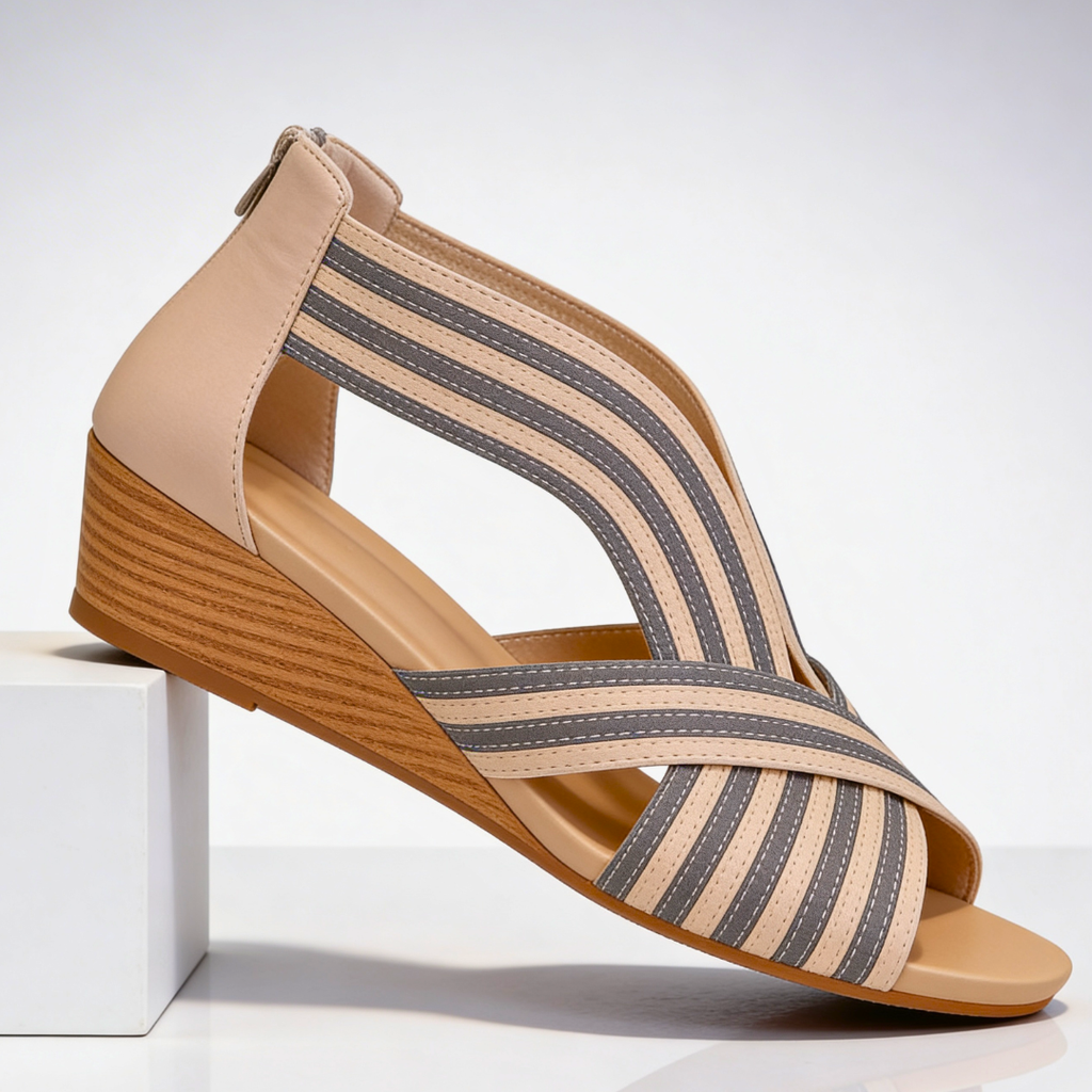 Women's Wedge Sandals Leather Criss Cross Striped Peep Toe Cushioned Walking Shoes