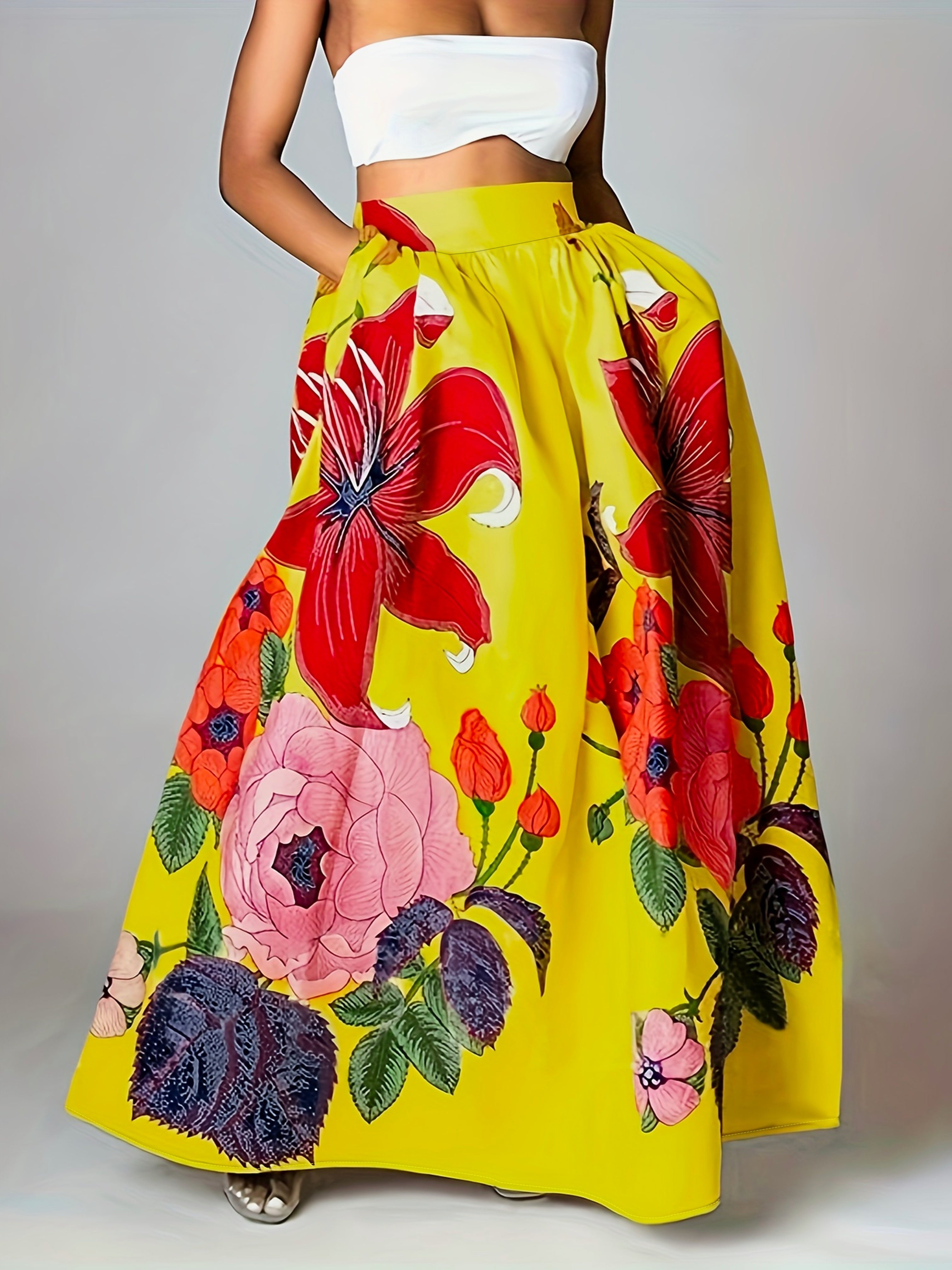 Women's floral maxi skirt cotton blend high waist