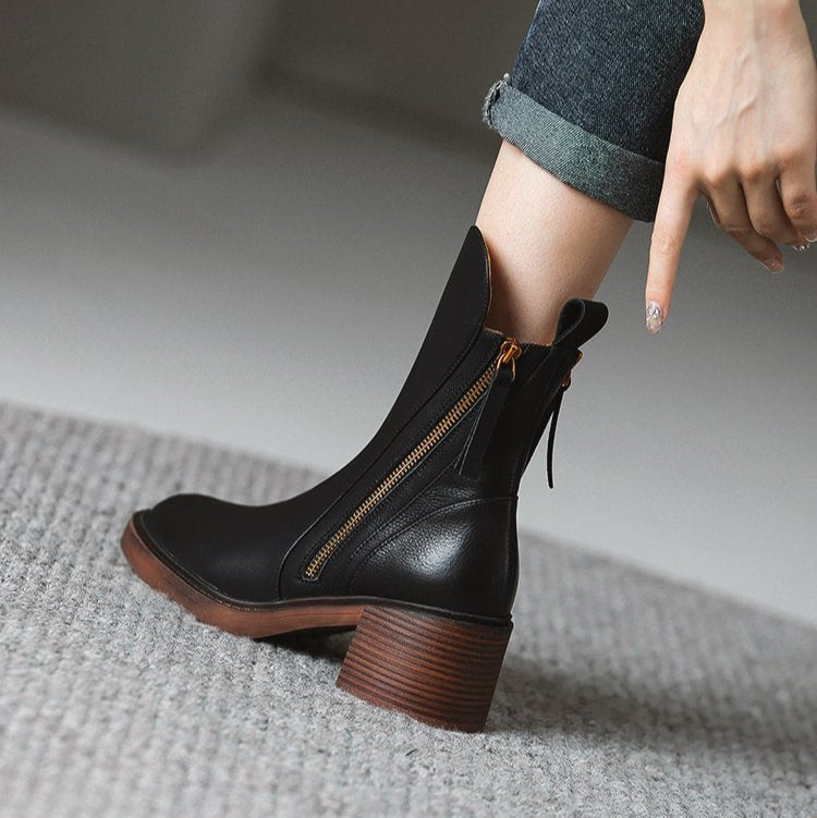 Women's Ankle Boots Leather High Heel Metal Zipper Shock Absorbing Sole Evening