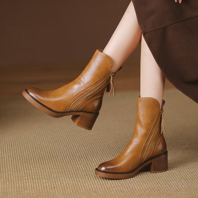 Women's Ankle Boots Leather High Heel Metal Zipper Shock Absorbing Sole Evening