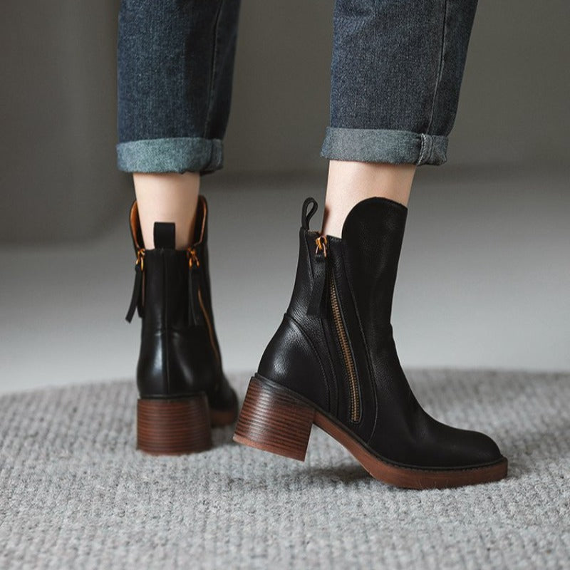 Women's Ankle Boots Leather High Heel Metal Zipper Shock Absorbing Sole Evening