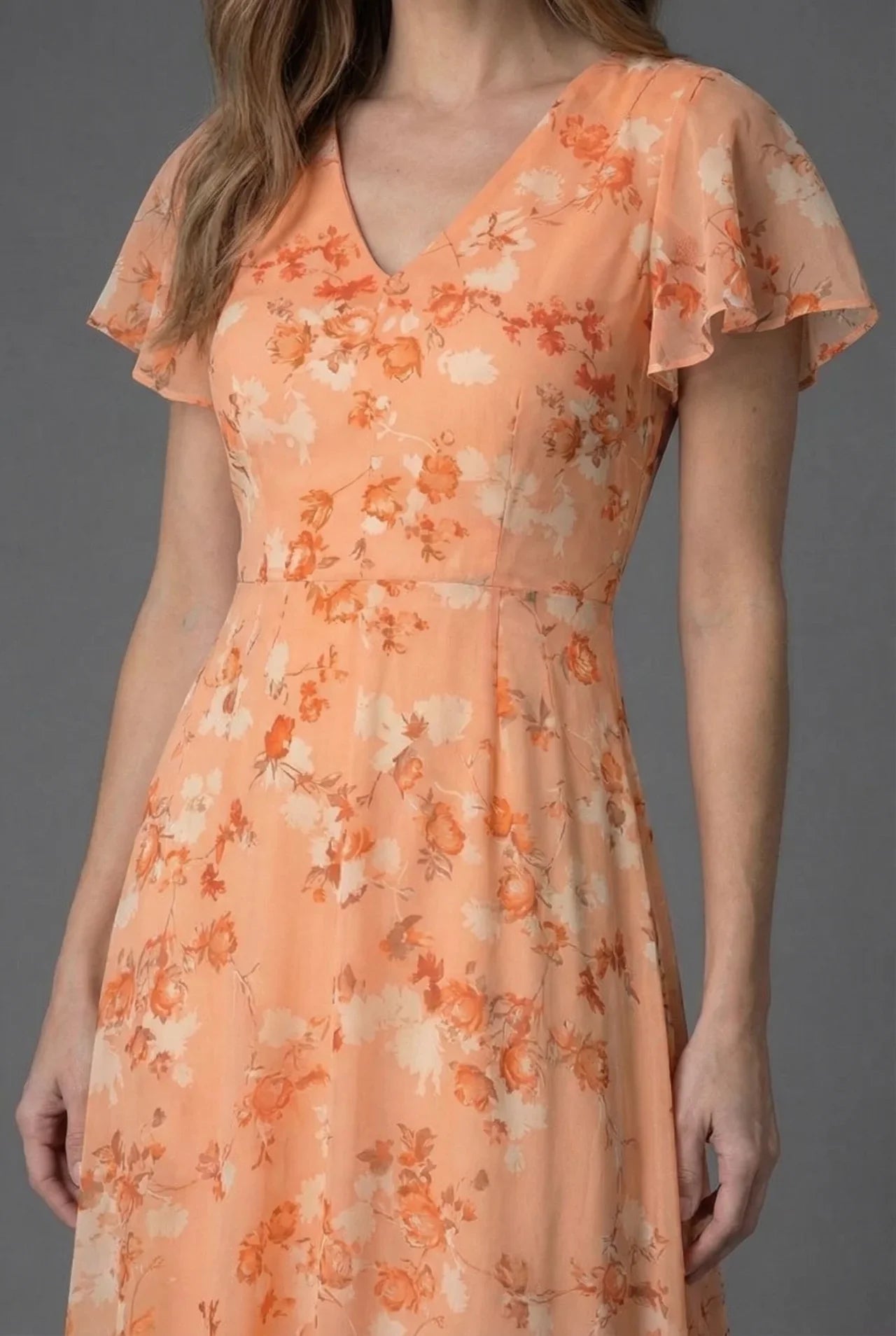 Flutter Sleeve Floral Maxi Dress with V-Neckline and Flowing Chiffon Style Skirt