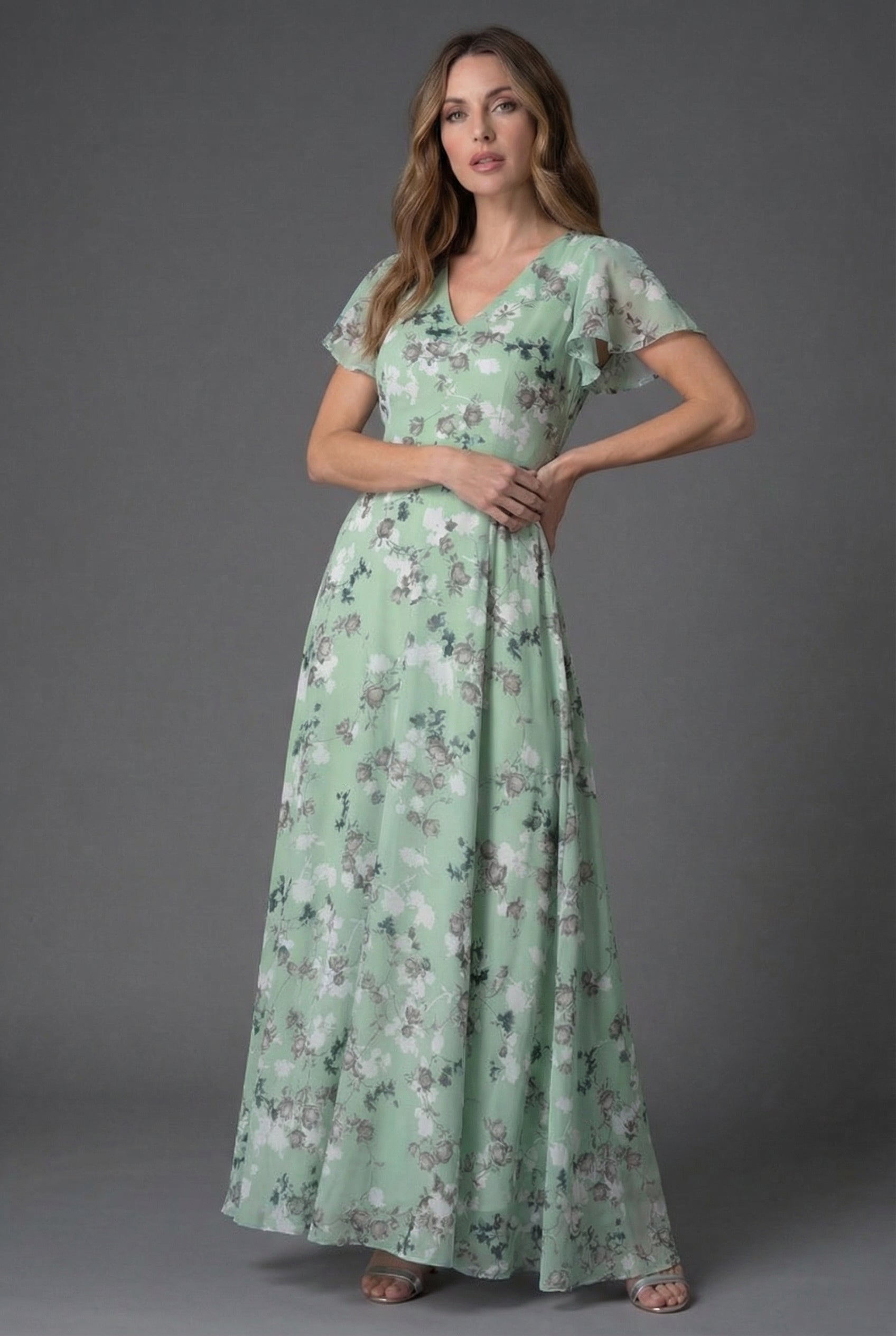 Flutter Sleeve Floral Maxi Dress with V-Neckline and Flowing Chiffon Style Skirt