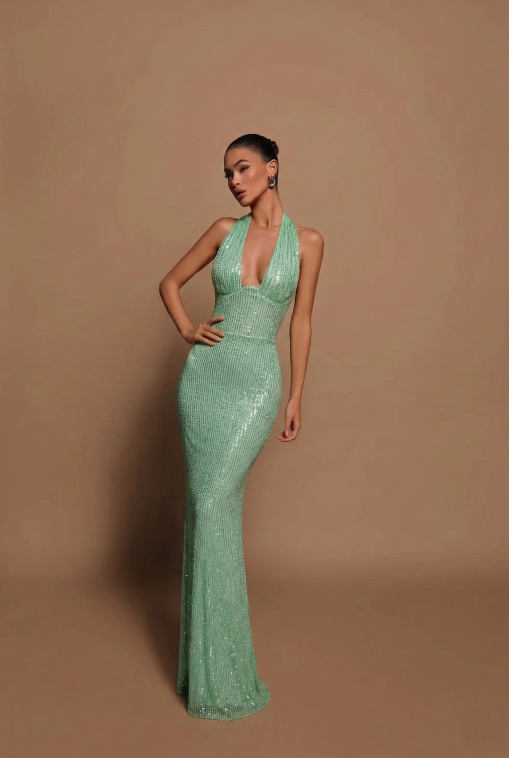 Sequin Formal Maxi Dress Halter Neck Deep V Open Back Bodycon Mermaid Evening Gown