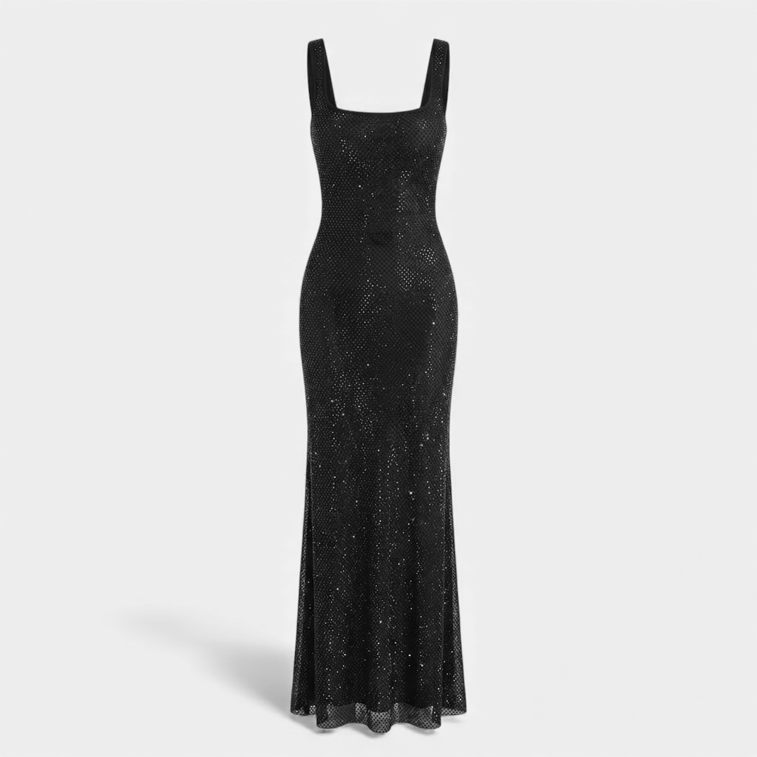 Sleeveless Square Neck Embellished Maxi Dress with Low Scoop Back Formal Gown