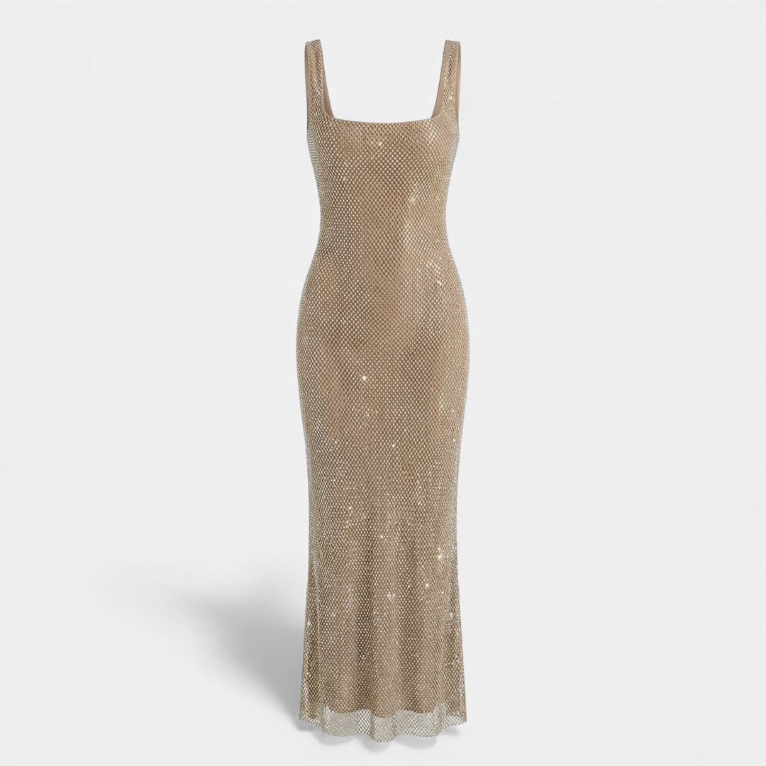 Sleeveless Square Neck Embellished Maxi Dress with Low Scoop Back Formal Gown