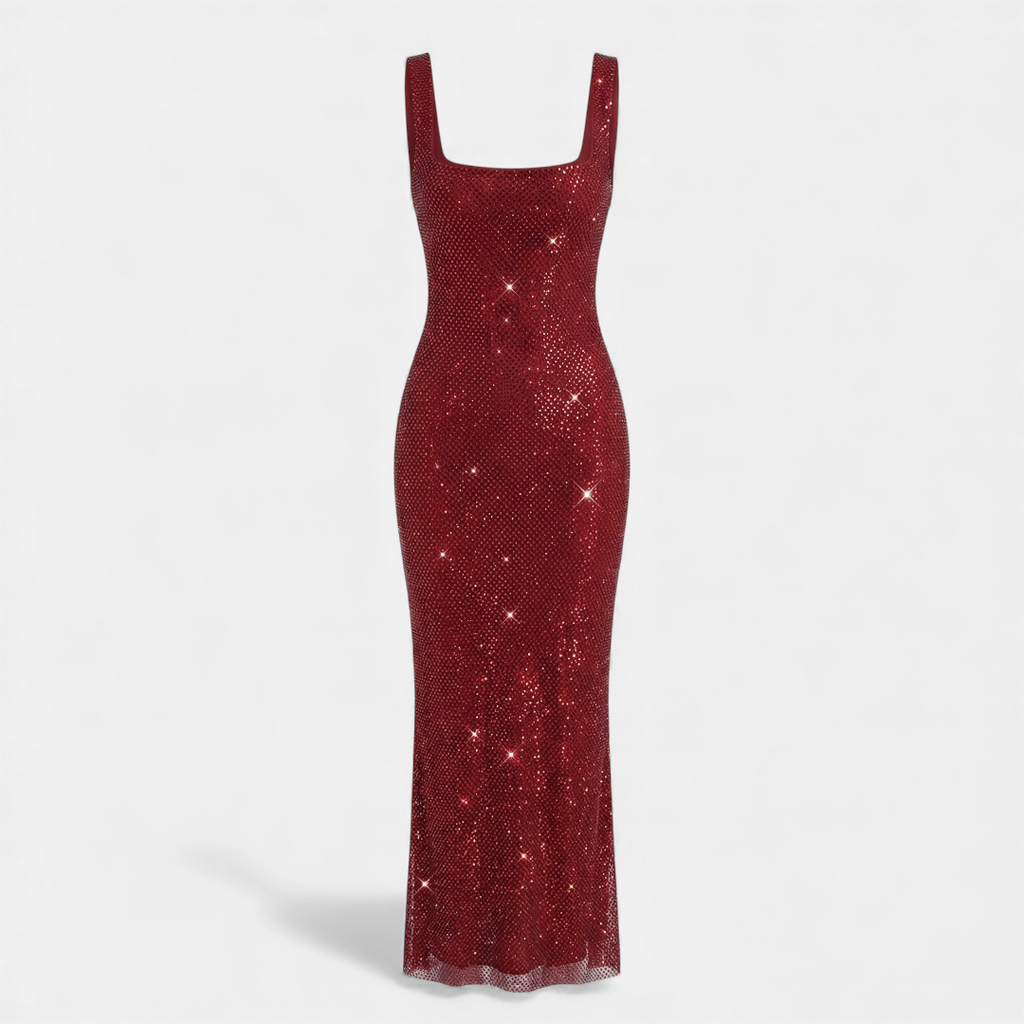 Sleeveless Square Neck Embellished Maxi Dress with Low Scoop Back Formal Gown