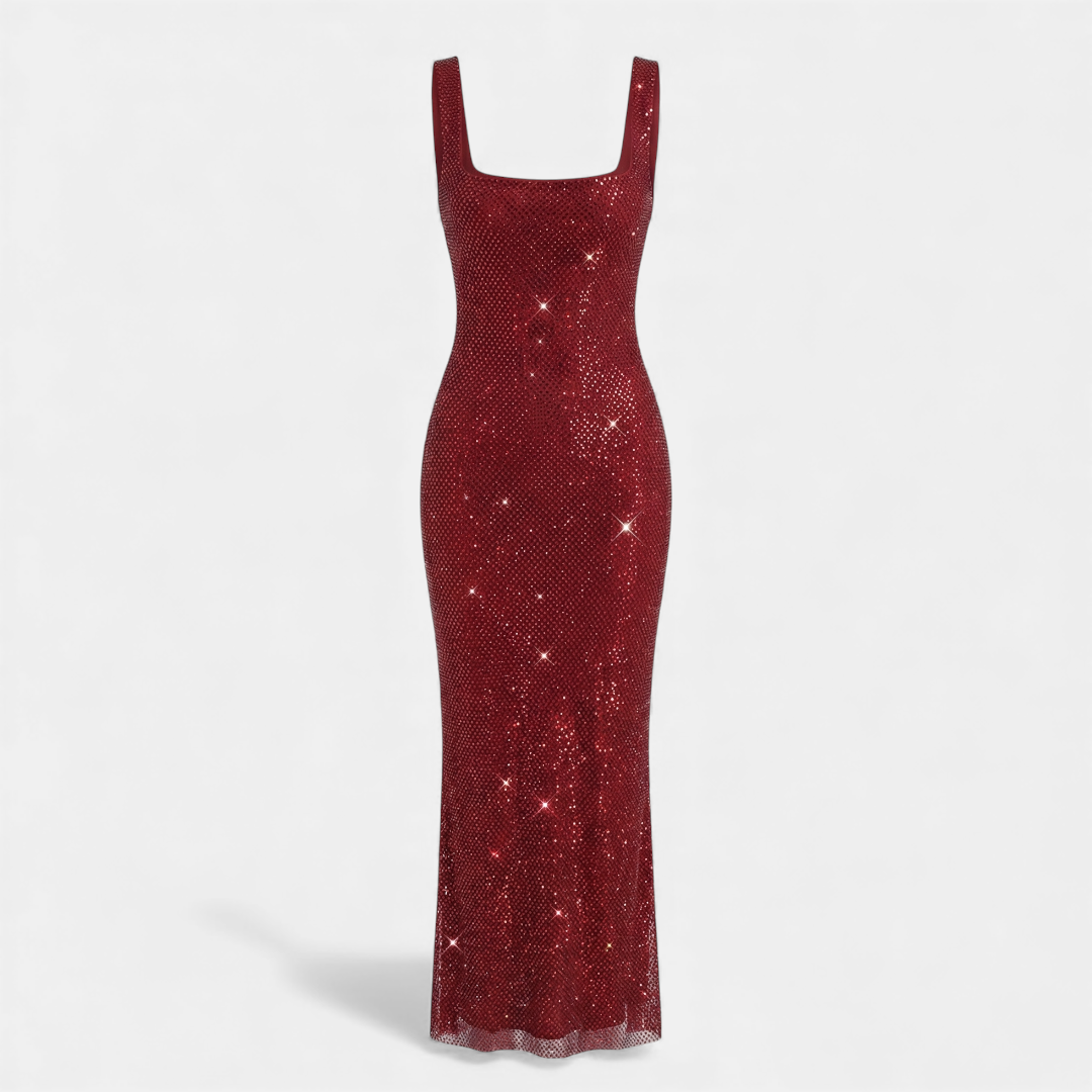 Sleeveless Square Neck Embellished Maxi Dress with Low Scoop Back Formal Gown