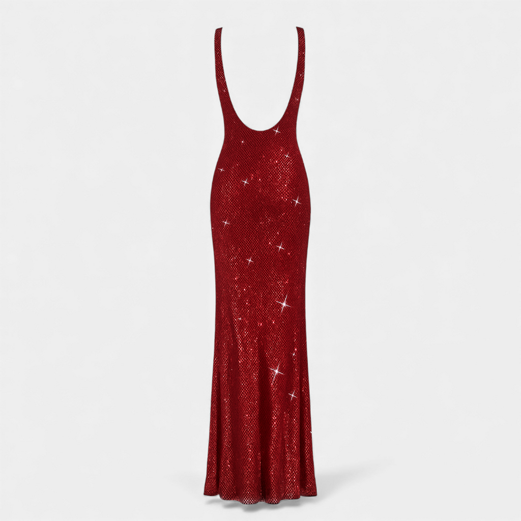Sleeveless Square Neck Embellished Maxi Dress with Low Scoop Back Formal Gown