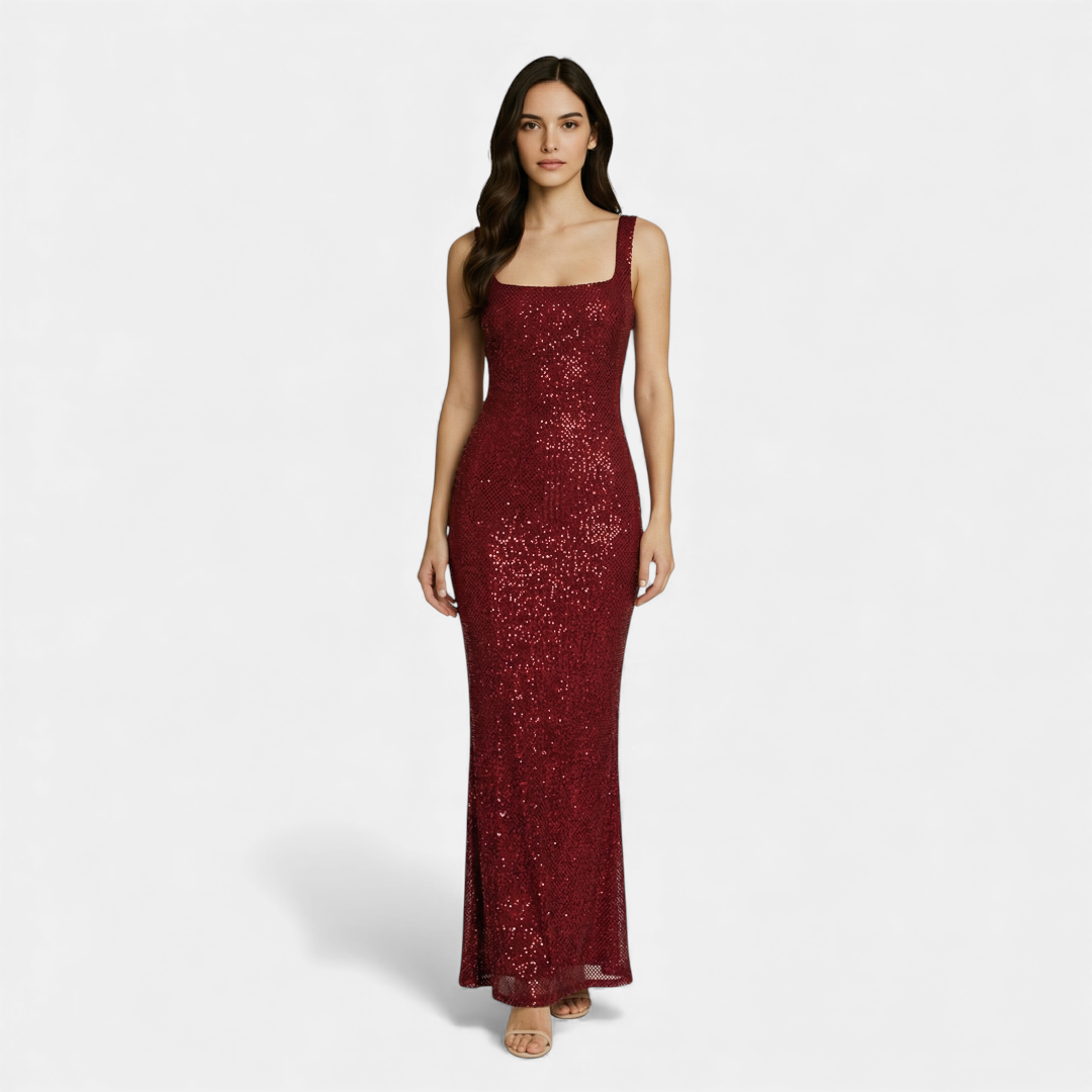 Sleeveless Square Neck Embellished Maxi Dress with Low Scoop Back Formal Gown