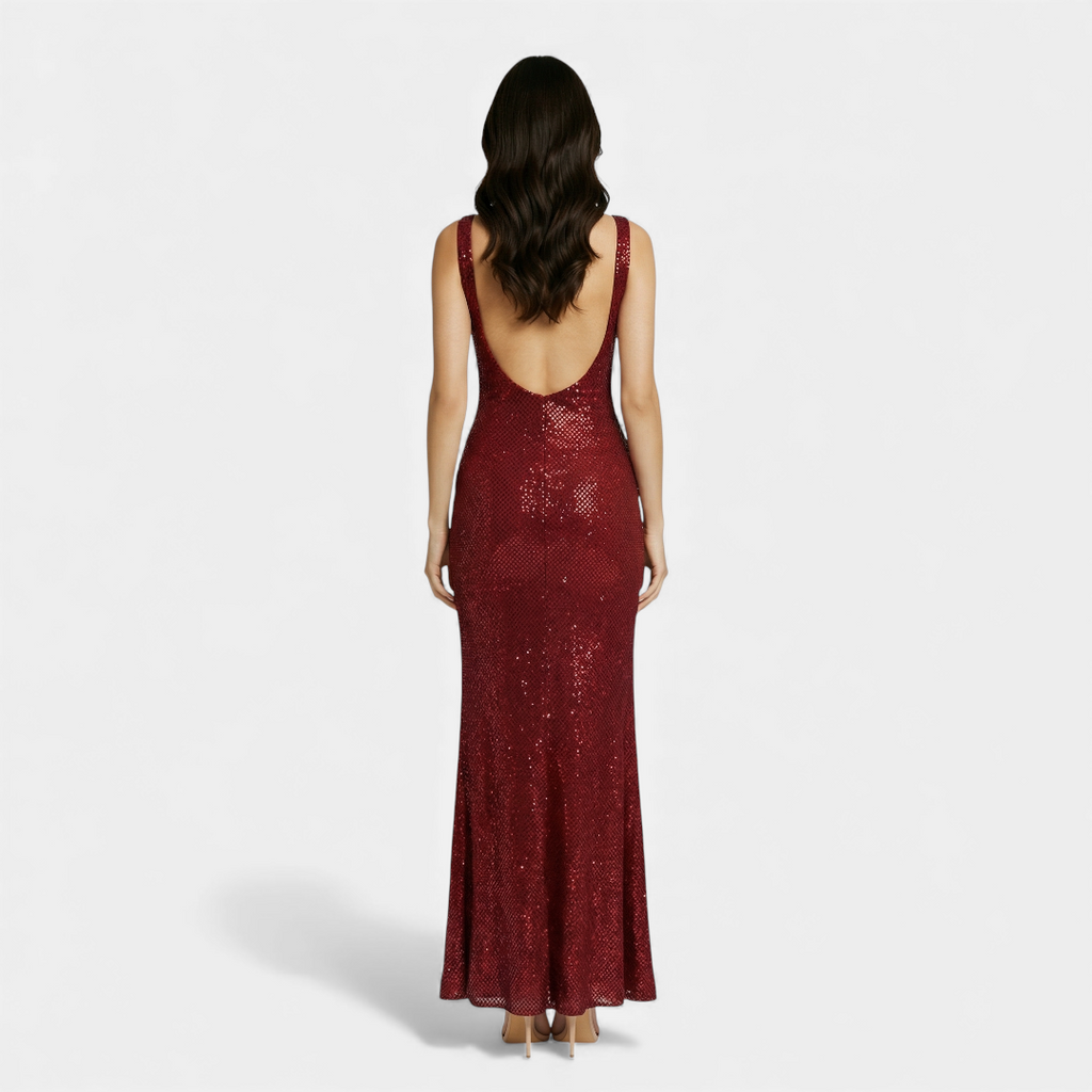Sleeveless Square Neck Embellished Maxi Dress with Low Scoop Back Formal Gown