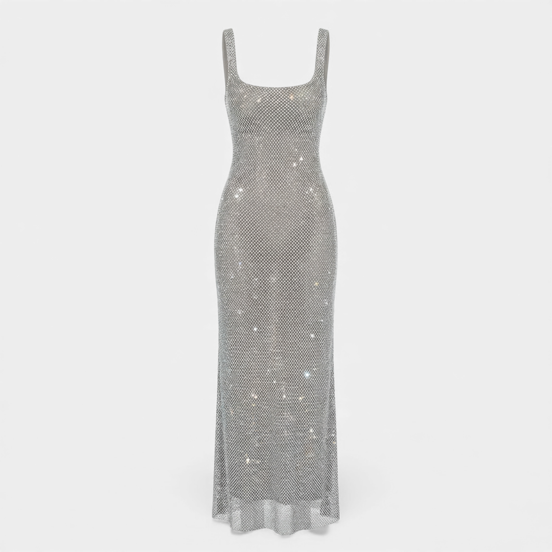 Sleeveless Square Neck Embellished Maxi Dress with Low Scoop Back Formal Gown