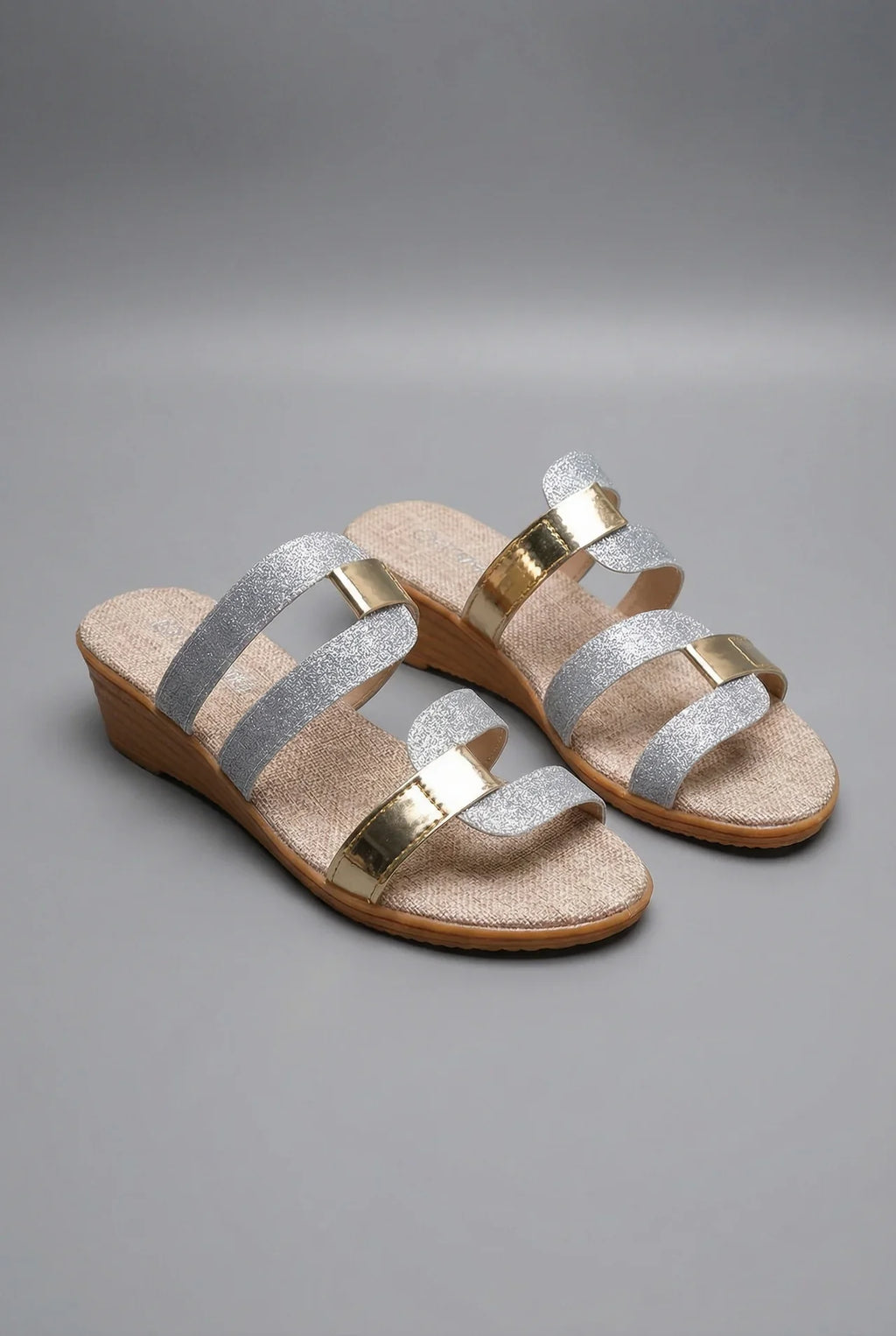 Women's Wedge Slide Sandals Triple Parallel Straps Glitter Detail Open Toe Shoes