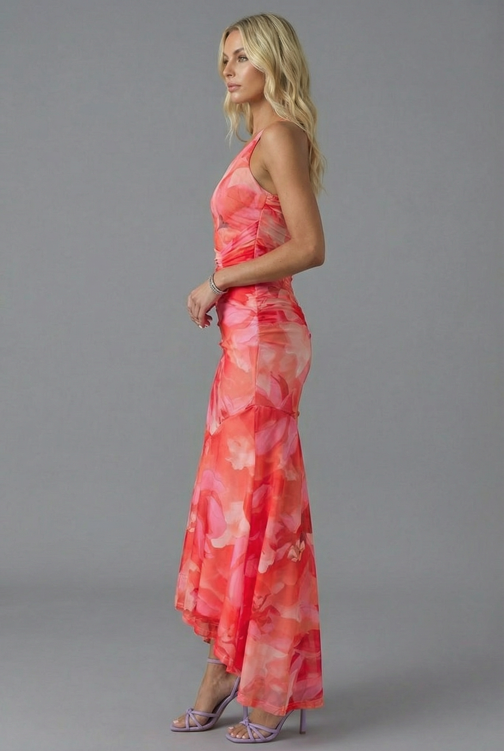 One Shoulder Floral Maxi Dress Ruched Bodycon Fishtail Hem Evening Formal Gown