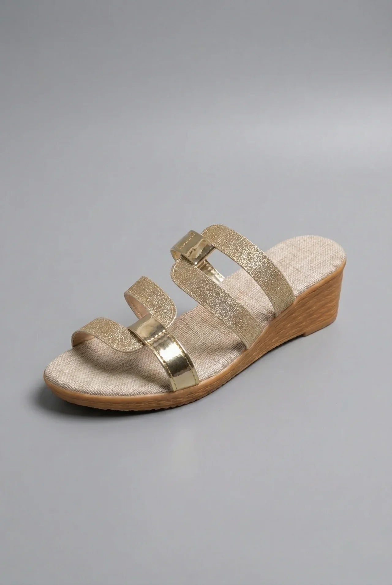Women's Wedge Slide Sandals Triple Parallel Straps Glitter Detail Open Toe Shoes