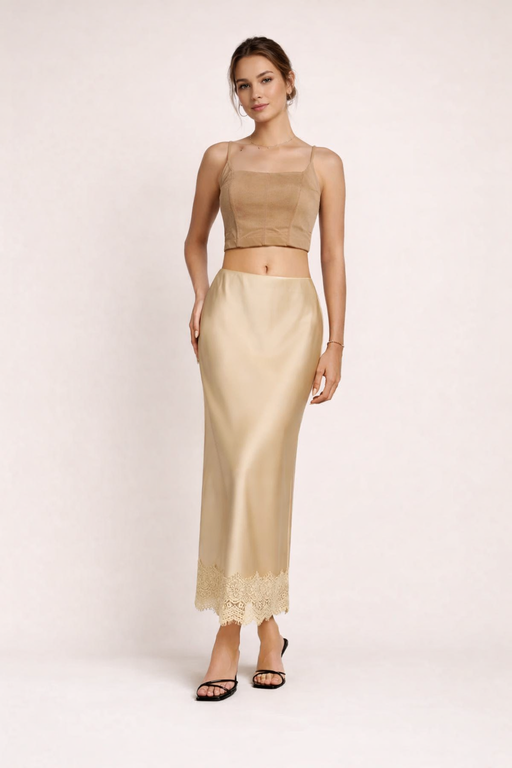 Women's satin finish maxi skirt with lace hem — formal event