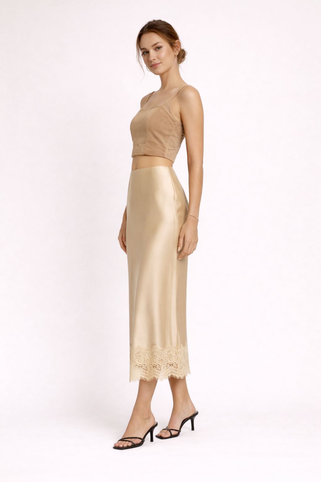 Women's satin finish maxi skirt with lace hem — formal event
