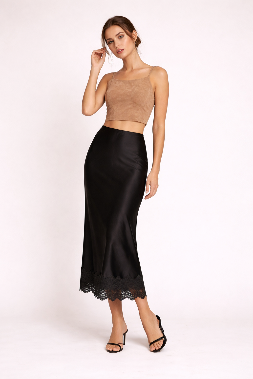 Women's satin finish maxi skirt with lace hem — formal event