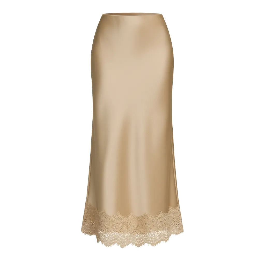 Women's satin finish maxi skirt with lace hem — formal event