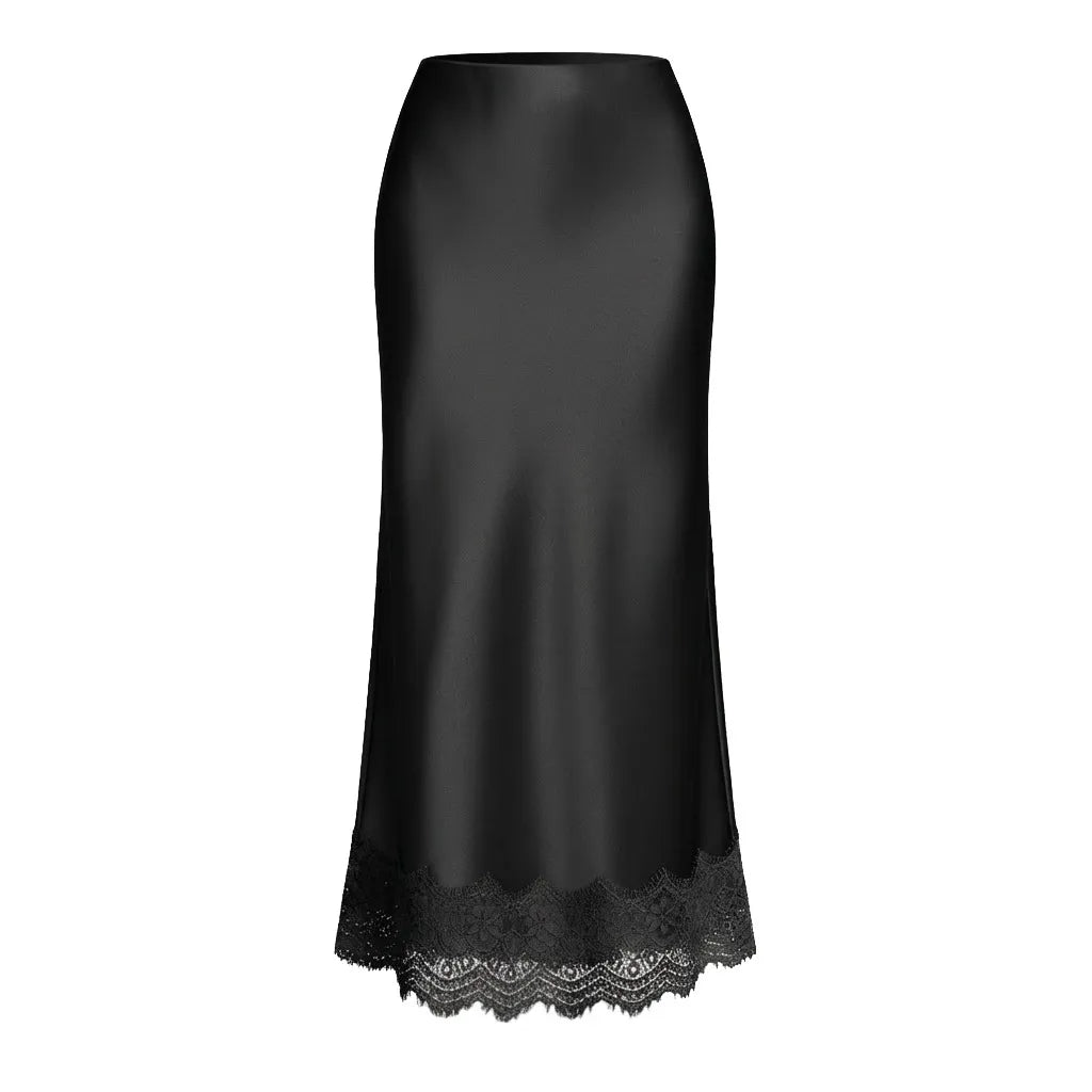 Women's satin finish maxi skirt with lace hem — formal event