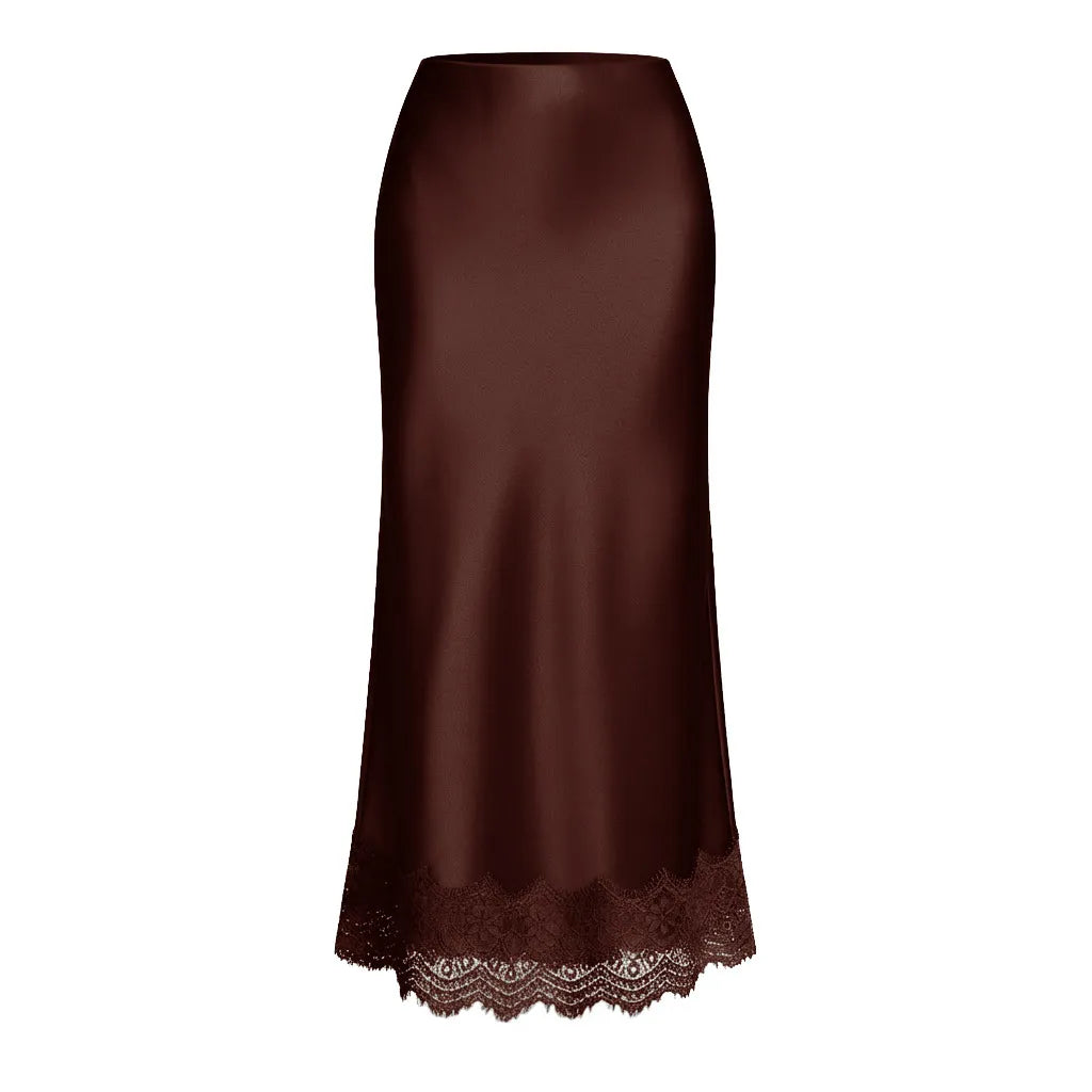 Women's satin finish maxi skirt with lace hem — formal event