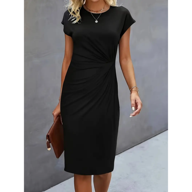 Women's midi dress - short cap sleeves gathered waist office wear