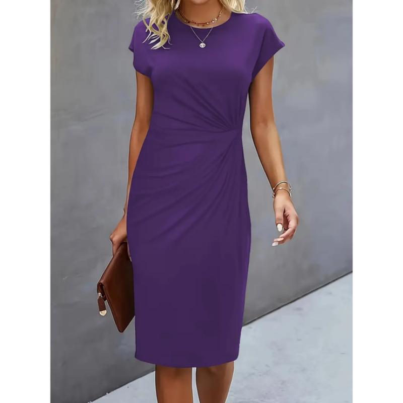 Women's midi dress - short cap sleeves gathered waist office wear