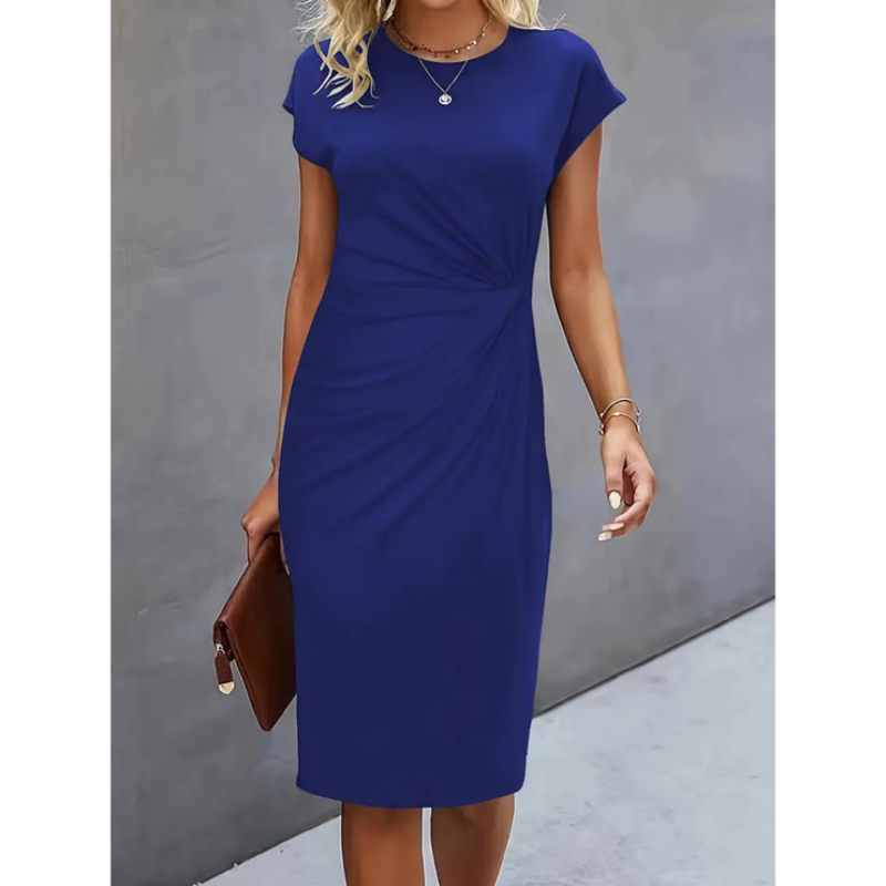Women's midi dress - short cap sleeves gathered waist office wear