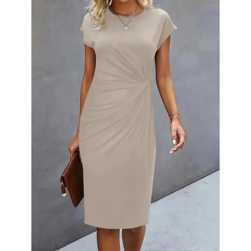 Women's midi dress - short cap sleeves gathered waist office wear